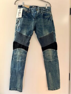 dks trends Women's Blue Skinny Moto Jeans with Black Knee Panels NWT